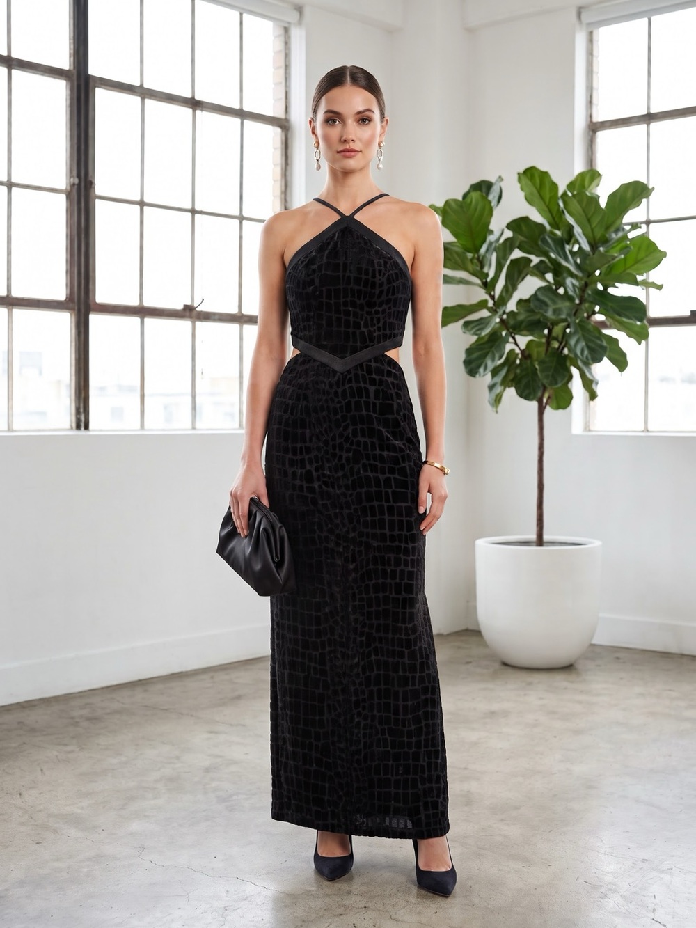 Vintage 90s Alfred Sung Black Velvet Cutout Maxi Dress | Made in Canada - US 4